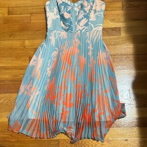 Karen Mullen Floral Pleated Dress  size12- Blue and Orange